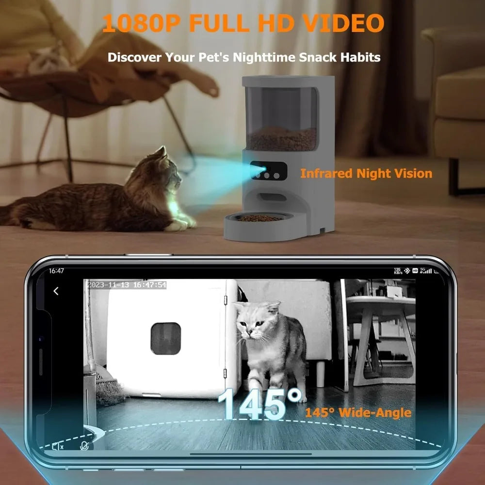 Automatic Cat Feeder with Camera 5G&2.4G WiFi Pet Feeder 1080P HD Cat Food Dispenser with Night Vision Timed Smart App Dog Food.